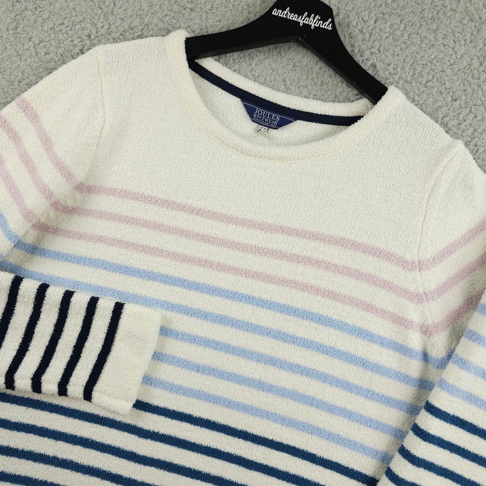 Joules Sweater Womens 12 White Pink Blue Striped Seaham Chenille Fleece Jumper - Picture 2 of 14